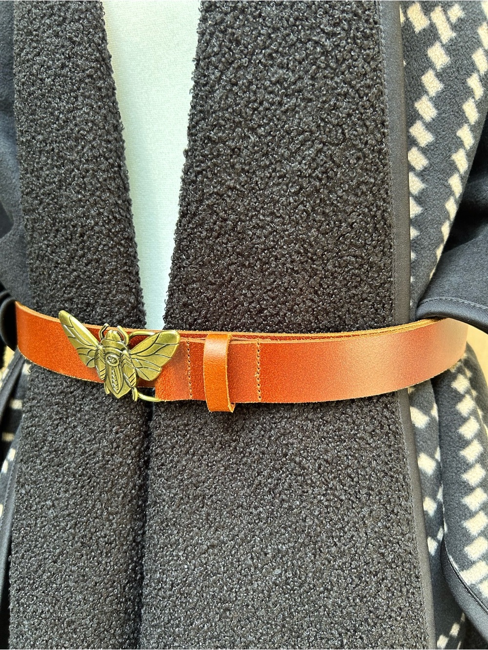 Women's Tan Leather Belt with Gold Bee Buckle